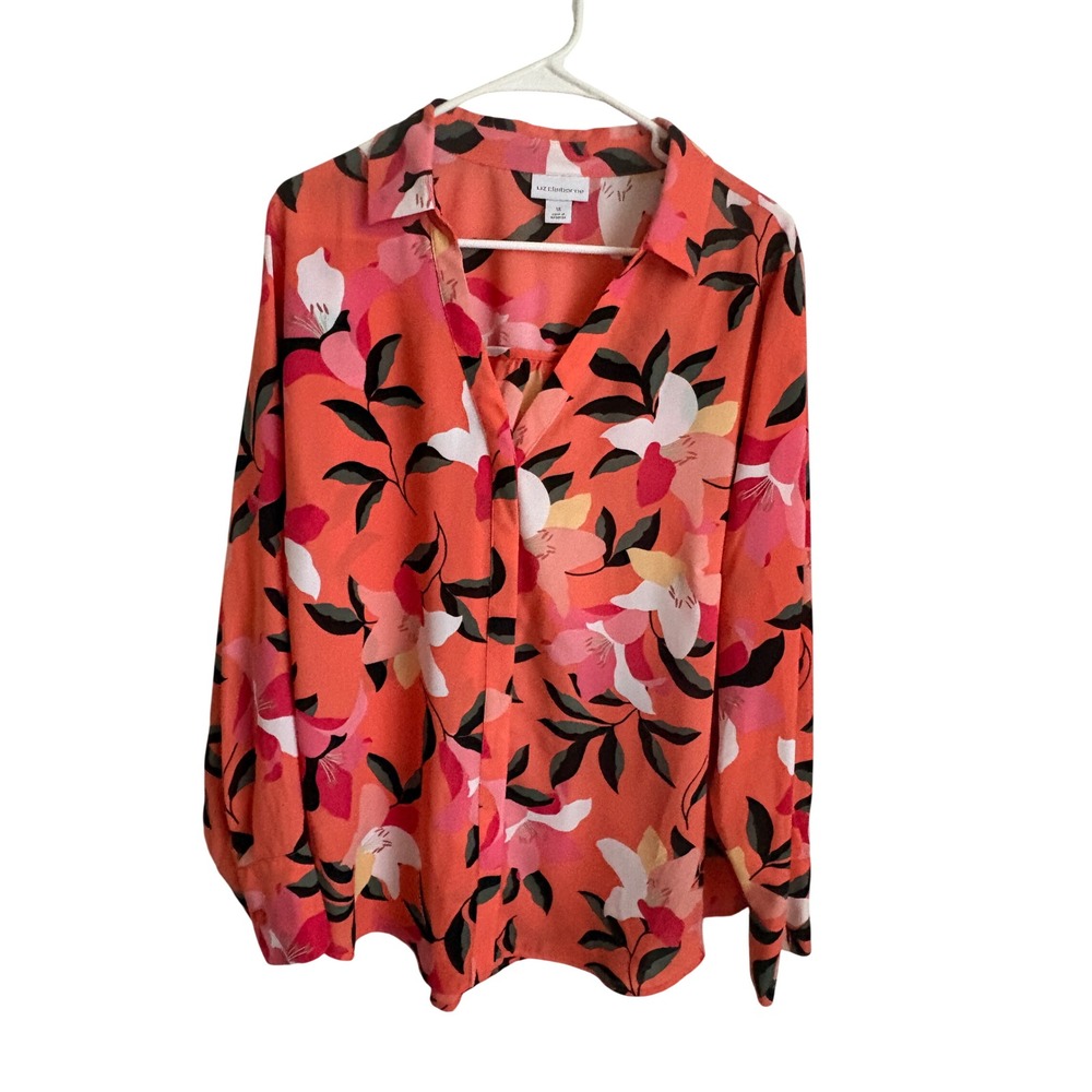 Liz Claiborne Coral Orange Floral Long Sleeve Button Down Blouse 1X